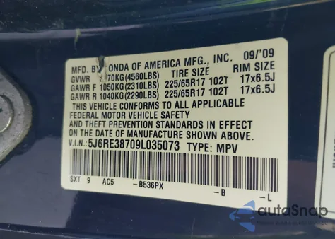 2009 Honda Cr-V Ex-L из США, поврежденный, VIN 5J6RE38709L035073